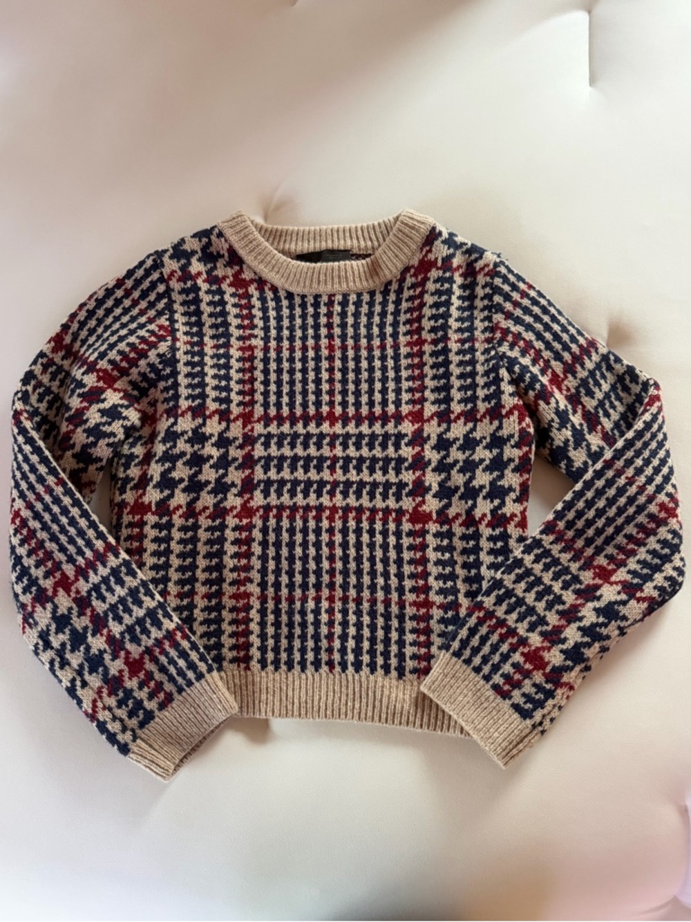 Zara Beige Crewneck Sweater with Navy & Red Houndstooth